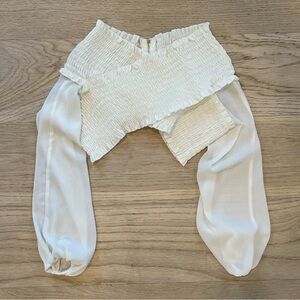 With Jean White Smocked Off-Shoulder Crop Top with Sheer Bishop Sleeves